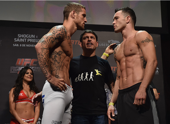 UBERLANDIA, BRAZIL - NOVEMBER 07: (L-R) Opponents Wagner Silva and Colby Covington face off during the UFC Fight Night weigh-in at Sabiazinho Gymnasium on November 7, 2014 in Uberlandia, Brazil. (Photo by Buda Mendes/Zuffa LLC/Zuffa LLC via Getty Images