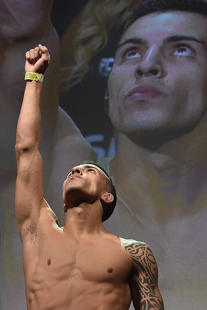 UBERLANDIA, BRAZIL - NOVEMBER 07: UFC fighter Thomas Almeida weighs in during the UFC Fight Night weigh-in at Sabiazinho Gymnasium on November 7, 2014 in Uberlandia, Brazil. (Photo by Buda Mendes/Zuffa LLC/Zuffa LLC via Getty Images)