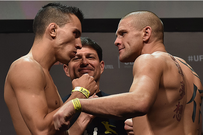 UBERLANDIA, BRAZIL - NOVEMBER 07: (L-R) Opponents Thomas Almeida and Tim Gorman face off during the UFC Fight Night weigh-in at Sabiazinho Gymnasium on November 7, 2014 in Uberlandia, Brazil. (Photo by Buda Mendes/Zuffa LLC/Zuffa LLC via Getty Images)