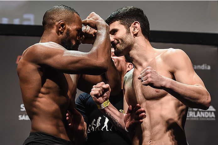 UBERLANDIA, BRAZIL - NOVEMBER 07: (L-R) Opponents Leandro Silva and Charlie Brenneman face off during the UFC Fight Night weigh-in at Sabiazinho Gymnasium on November 7, 2014 in Uberlandia, Brazil. (Photo by Buda Mendes/Zuffa LLC/Zuffa LLC via Getty Ima