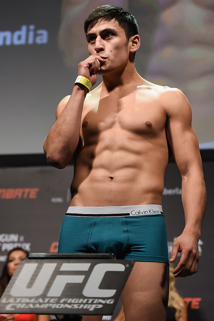 UBERLANDIA, BRAZIL - NOVEMBER 07: UFC fighter Diego Rivas weighs in during the UFC Fight Night weigh-in at Sabiazinho Gymnasium on November 7, 2014 in Uberlandia, Brazil. (Photo by Buda Mendes/Zuffa LLC/Zuffa LLC via Getty Images)