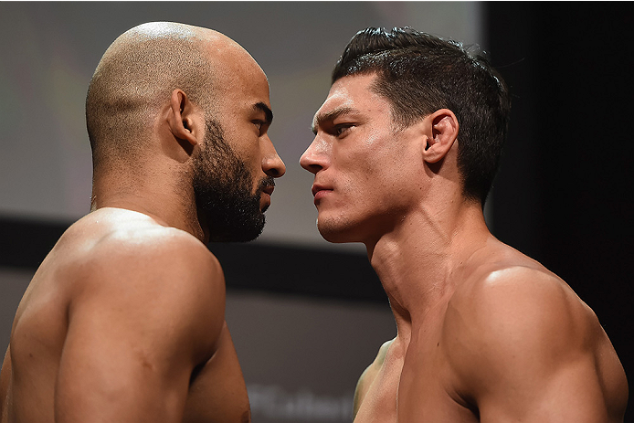 UBERLANDIA, BRAZIL - NOVEMBER 07: (L-R) Opponents Warlley Alves and Alan Jouban face off during the UFC Fight Night weigh-in at Sabiazinho Gymnasium on November 7, 2014 in Uberlandia, Brazil. (Photo by Buda Mendes/Zuffa LLC/Zuffa LLC via Getty Images)