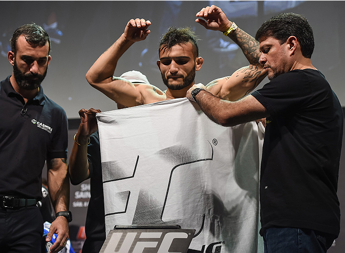 UBERLANDIA, BRAZIL - NOVEMBER 07: UFC fighter John Lineker weighs in during the UFC Fight Night weigh-in at Sabiazinho Gymnasium on November 7, 2014 in Uberlandia, Brazil. (Photo by Buda Mendes/Zuffa LLC/Zuffa LLC via Getty Images)