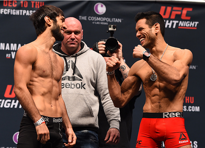 LAS VEGAS, NV - DECEMBER 09: (L-R) Opponents Zubaira Tukhugov of Russia and Phillipe Nover face off during the UFC Fight Night weigh-in inside MGM Grand Garden Arena on December 9, 2015 in Las Vegas, Nevada. (Photo by Josh Hedges/Zuffa LLC/Zuffa LLC via