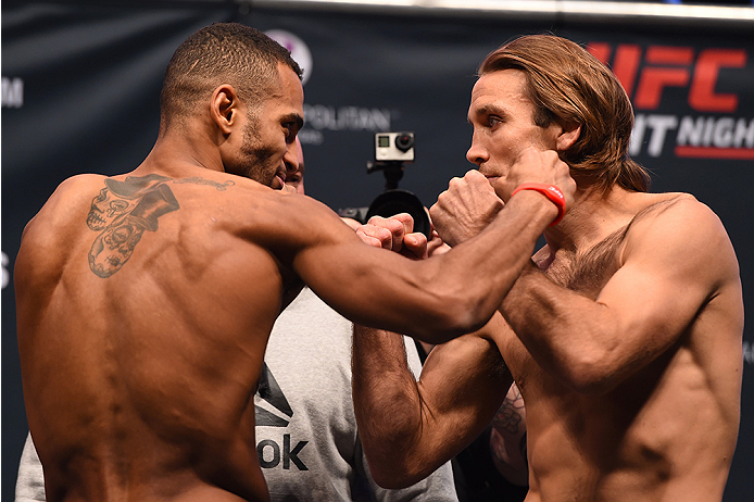 LAS VEGAS, NV - DECEMBER 09: (L-R) Opponents Danny Roberts and Nathan Coy face off during the UFC Fight Night weigh-in inside MGM Grand Garden Arena on December 9, 2015 in Las Vegas, Nevada. (Photo by Josh Hedges/Zuffa LLC/Zuffa LLC via Getty Images)