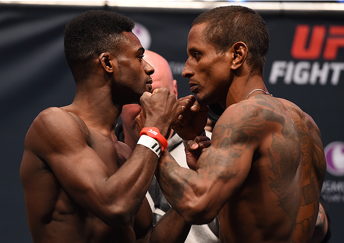LAS VEGAS, NV - DECEMBER 09: (L-R) Opponents Aljamain Sterling and Johnny Eduardo of Brazil face off during the UFC Fight Night weigh-in inside MGM Grand Garden Arena on December 9, 2015 in Las Vegas, Nevada. (Photo by Josh Hedges/Zuffa LLC/Zuffa LLC vi