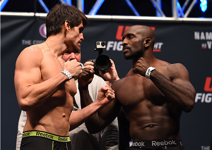 LAS VEGAS, NV - DECEMBER 09: (L-R) Opponents Antonio Carlos Junior of Brazil and Kevin Casey face off during the UFC Fight Night weigh-in inside MGM Grand Garden Arena on December 9, 2015 in Las Vegas, Nevada. (Photo by Josh Hedges/Zuffa LLC/Zuffa LLC v