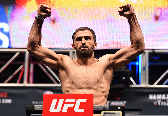 LAS VEGAS, NV - DECEMBER 09: Omari Akhmedov of Russia weighs in during the UFC Fight Night weigh-in inside MGM Grand Garden Arena on December 9, 2015 in Las Vegas, Nevada. (Photo by Josh Hedges/Zuffa LLC/Zuffa LLC via Getty Images)