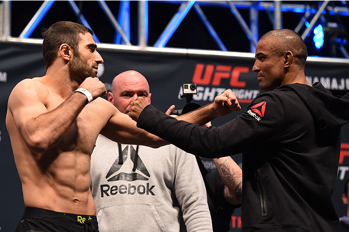 LAS VEGAS, NV - DECEMBER 09: (L-R) Opponents Omari Akhmedov of Russia and Sergio Moraes of Brazil face off during the UFC Fight Night weigh-in inside MGM Grand Garden Arena on December 9, 2015 in Las Vegas, Nevada. (Photo by Josh Hedges/Zuffa LLC/Zuffa