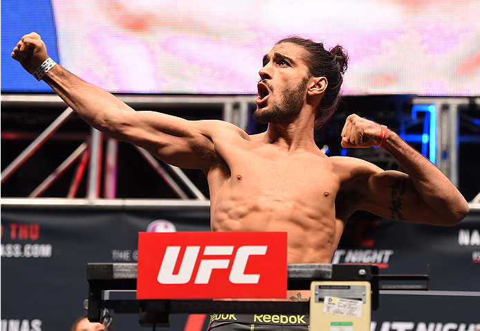 LAS VEGAS, NV - DECEMBER 09: Elias Theodorou of Canada weighs in during the UFC Fight Night weigh-in inside MGM Grand Garden Arena on December 9, 2015 in Las Vegas, Nevada. (Photo by Josh Hedges/Zuffa LLC/Zuffa LLC via Getty Images)
