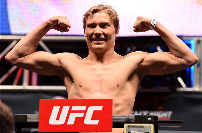 LAS VEGAS, NV - DECEMBER 09: Cody Pfister weighs in during the UFC Fight Night weigh-in inside MGM Grand Garden Arena on December 9, 2015 in Las Vegas, Nevada. (Photo by Josh Hedges/Zuffa LLC/Zuffa LLC via Getty Images)