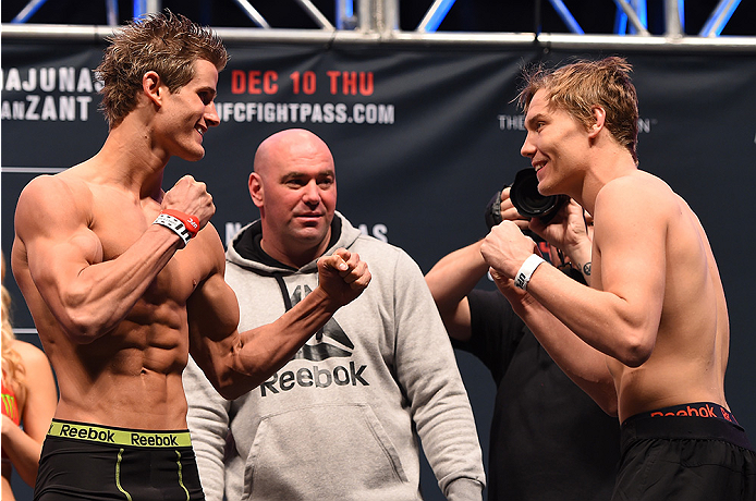 LAS VEGAS, NV - DECEMBER 09: (L-R) Opponents Sage Northcutt and Cody Pfister face off during the UFC Fight Night weigh-in inside MGM Grand Garden Arena on December 9, 2015 in Las Vegas, Nevada. (Photo by Josh Hedges/Zuffa LLC/Zuffa LLC via Getty Images)
