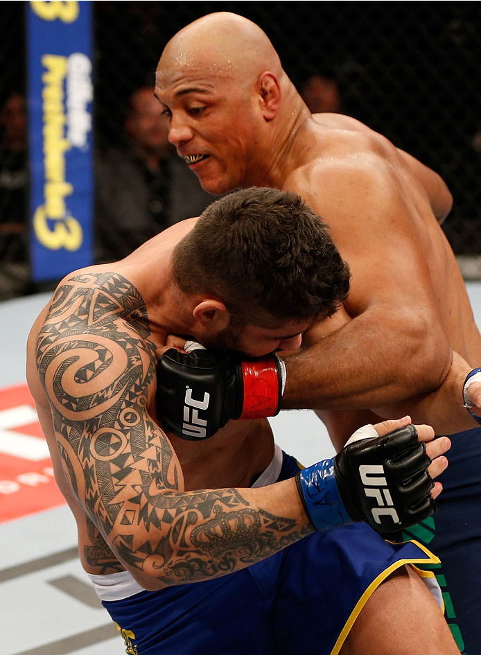 SAO PAULO, BRAZIL - MAY 31: (R-L) Marcos Rogerio de Lima punches Richardson Moreira in their heavyweight fight during the UFC Fight Night event at the Ginasio do Ibirapuera on May 31, 2014 in Sao Paulo, Brazil. (Photo by Josh Hedges/Zuffa LLC/Zuffa LLC vi
