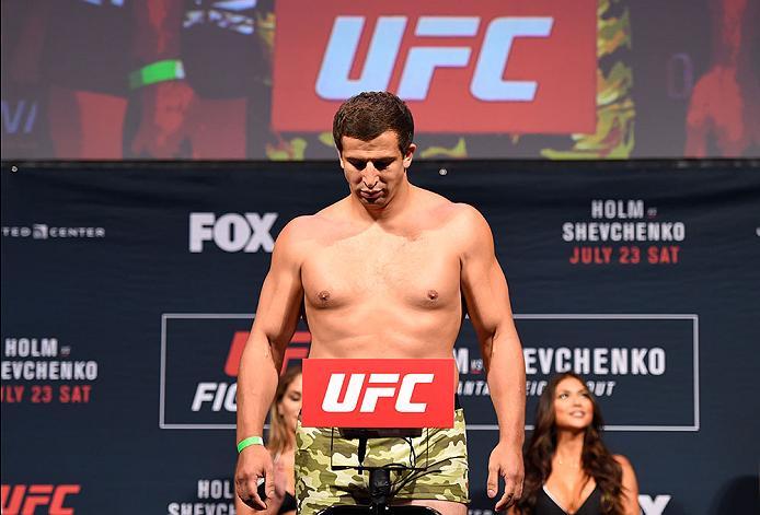 CHICAGO, IL - JULY 22: Dmitry Smolyakov of Russia poses on the scale during the UFC weigh-in at the United Center on July 22, 2016 in Chicago, Illinois. (Photo by Josh Hedges/Zuffa LLC/Zuffa LLC via Getty Images)