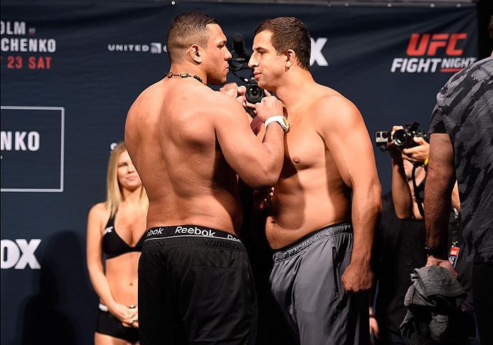 CHICAGO, IL - JULY 22: (L-R) Opponents Luis Henrique of Brazil and Dmitry Smolyakov of Russia face off during the UFC weigh-in at the United Center on July 22, 2016 in Chicago, Illinois. (Photo by Josh Hedges/Zuffa LLC/Zuffa LLC via Getty Images)