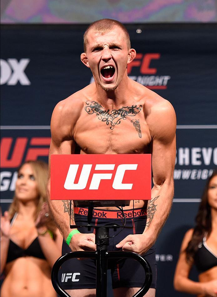 CHICAGO, IL - JULY 22: Jason Knight poses on the scale during the UFC weigh-in at the United Center on July 22, 2016 in Chicago, Illinois. (Photo by Josh Hedges/Zuffa LLC/Zuffa LLC via Getty Images)