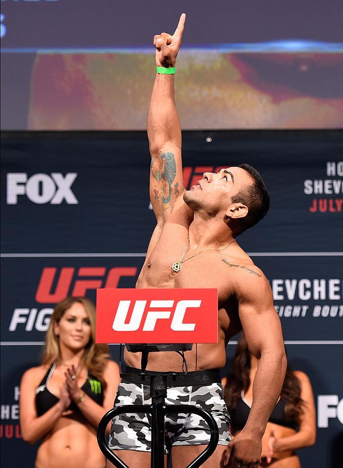 CHICAGO, IL - JULY 22: Michel Prazeres of Brazil poses on the scale during the UFC weigh-in at the United Center on July 22, 2016 in Chicago, Illinois. (Photo by Josh Hedges/Zuffa LLC/Zuffa LLC via Getty Images)