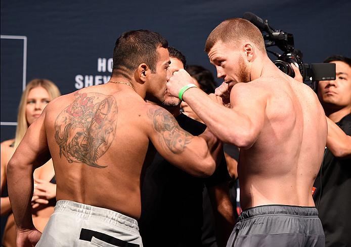 CHICAGO, IL - JULY 22: (L-R) Opponents Michel Prazeres of Brazil and J.C. Cottrell face off during the UFC weigh-in at the United Center on July 22, 2016 in Chicago, Illinois. (Photo by Josh Hedges/Zuffa LLC/Zuffa LLC via Getty Images)