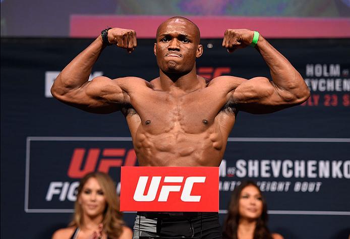 CHICAGO, IL - JULY 22: Kamaru Usman of Nigeria poses on the scale during the UFC weigh-in at the United Center on July 22, 2016 in Chicago, Illinois. (Photo by Josh Hedges/Zuffa LLC/Zuffa LLC via Getty Images)