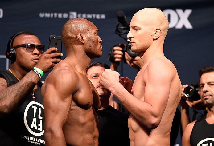 CHICAGO, IL - JULY 22: (L-R) Opponents Kamaru Usman of Nigeria and Alexander Yakovlev of Russia face off during the UFC weigh-in at the United Center on July 22, 2016 in Chicago, Illinois. (Photo by Josh Hedges/Zuffa LLC/Zuffa LLC via Getty Images)