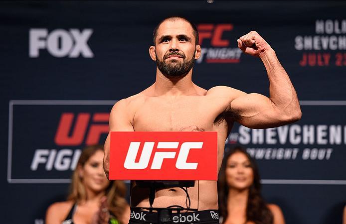 CHICAGO, IL - JULY 22: Frankie Saenz poses on the scale during the UFC weigh-in at the United Center on July 22, 2016 in Chicago, Illinois. (Photo by Josh Hedges/Zuffa LLC/Zuffa LLC via Getty Images)