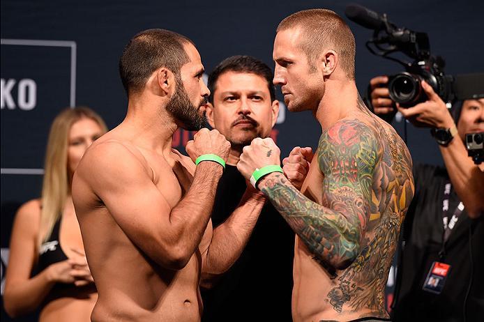 CHICAGO, IL - JULY 22: (L-R) Opponents Frankie Saenz and Eddie Wineland face off during the UFC weigh-in at the United Center on July 22, 2016 in Chicago, Illinois. (Photo by Josh Hedges/Zuffa LLC/Zuffa LLC via Getty Images)