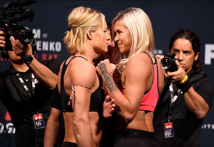 CHICAGO, IL - JULY 22: (L-R) Opponents Felice Herrig and Kailin Curran face off during the UFC weigh-in at the United Center on July 22, 2016 in Chicago, Illinois. (Photo by Josh Hedges/Zuffa LLC/Zuffa LLC via Getty Images)