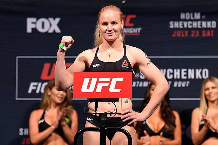 CHICAGO, IL - JULY 22: Valentina Shevchenko of Kyrgyzstan poses on the scale during the UFC weigh-in at the United Center on July 22, 2016 in Chicago, Illinois. (Photo by Josh Hedges/Zuffa LLC/Zuffa LLC via Getty Images)