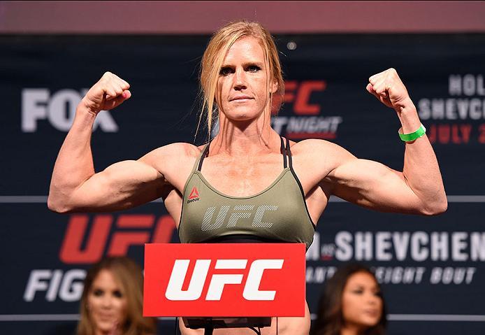 CHICAGO, IL - JULY 22: Holly Holm poses on the scale during the UFC weigh-in at the United Center on July 22, 2016 in Chicago, Illinois. (Photo by Josh Hedges/Zuffa LLC/Zuffa LLC via Getty Images)