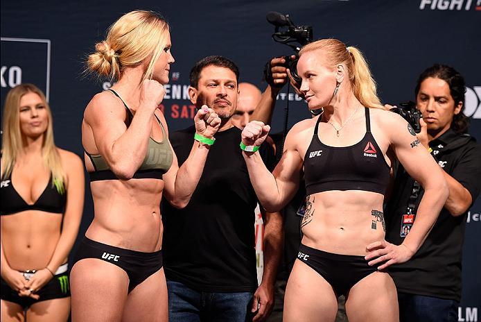 CHICAGO, IL - JULY 22: (L-R) Opponents Holly Holm and Valentina Shevchenko of Kyrgyzstan face off during the UFC weigh-in at the United Center on July 22, 2016 in Chicago, Illinois. (Photo by Josh Hedges/Zuffa LLC/Zuffa LLC via Getty Images)