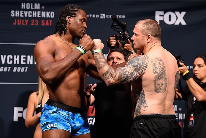 CHICAGO, IL - JULY 22: (L-R) Opponents Francis Ngannou of Cameroon and Bojan Mihajlovic of Serbia face off during the UFC weigh-in at the United Center on July 22, 2016 in Chicago, Illinois. (Photo by Josh Hedges/Zuffa LLC/Zuffa LLC via Getty Images)