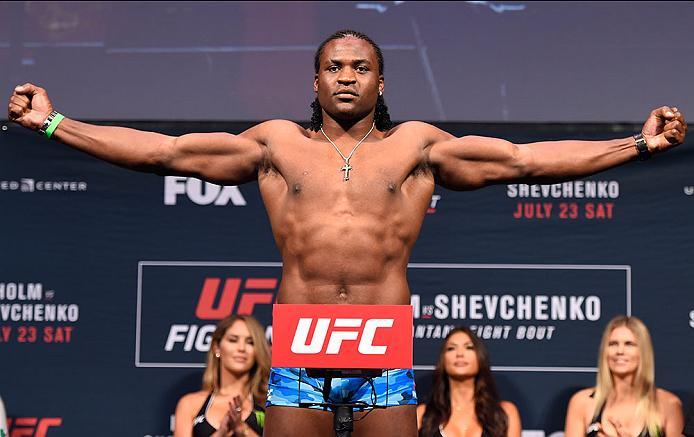 CHICAGO, IL - JULY 22: Francis Ngannou of Cameroon poses on the scale during the UFC weigh-in at the United Center on July 22, 2016 in Chicago, Illinois. (Photo by Josh Hedges/Zuffa LLC/Zuffa LLC via Getty Images)