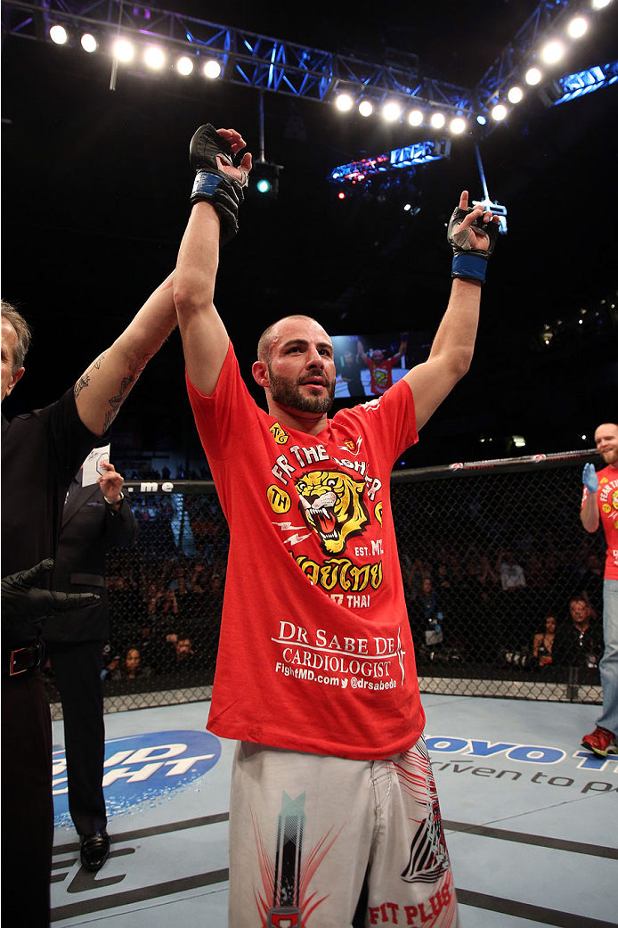 HALIFAX, NS - OCTOBER 4: Chris Kelades of Canada celebrates after defeating Patrick Holohan of Ireland in their flyweight bout at the Scotiabank Centre on October 4, 2014 in Halifax, Nova Scotia, Canada. (Photo by Nick Laham/Zuffa LLC/Zuffa LLC via Getty