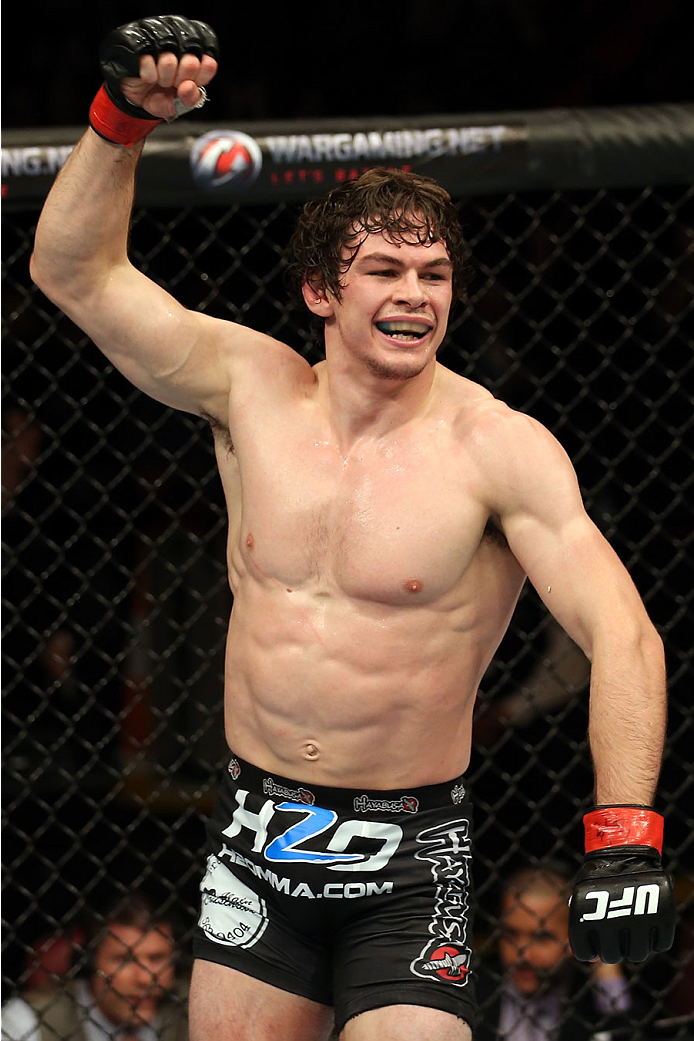 HALIFAX, NS - OCTOBER 4: Olivier Aubin-Mercier of Canada celebrates after defeating Jake Lindsey by submission in their welterweight bout at the Scotiabank Centre on October 4, 2014 in Halifax, Nova Scotia, Canada. (Photo by Nick Laham/Zuffa LLC/Zuffa LL