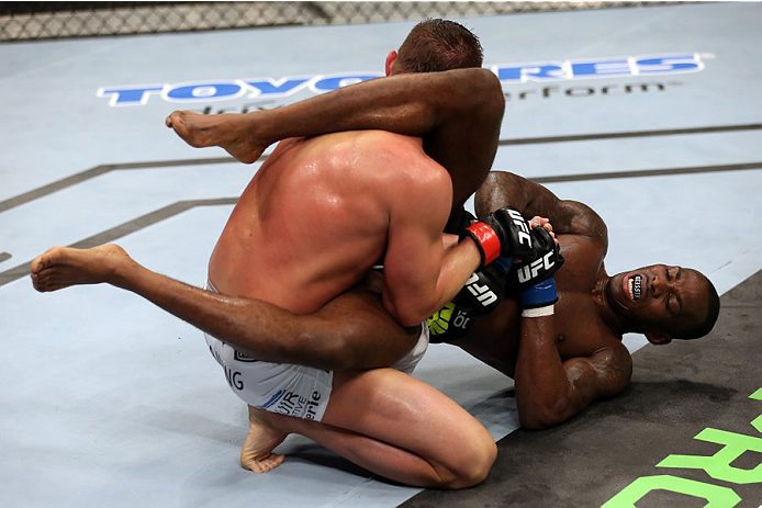 HALIFAX, NS - OCTOBER 4: (R-L) Anthony Njokuani attempts a submission against Daron Cruickshank in their lightweight bout at the Scotiabank Centre on October 4, 2014 in Halifax, Nova Scotia, Canada. (Photo by Nick Laham/Zuffa LLC/Zuffa LLC via Getty Imag