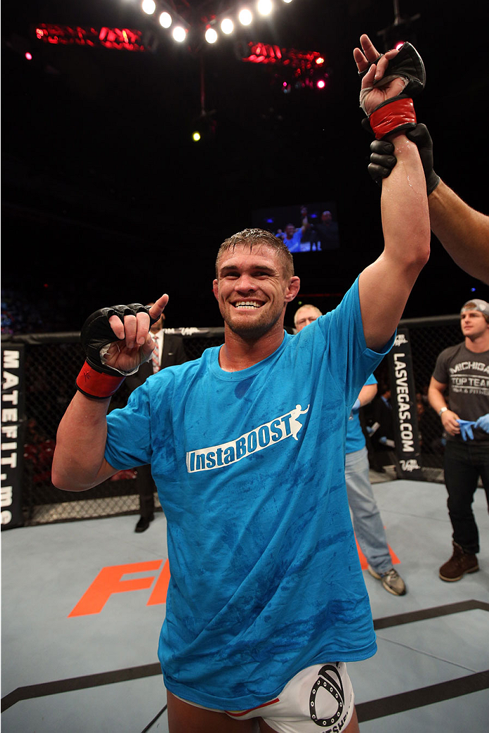 HALIFAX, NS - OCTOBER 4: Daron Cruickshank celebrates after defeating Anthony Njokuani in their lightweight bout at the Scotiabank Centre on October 4, 2014 in Halifax, Nova Scotia, Canada. (Photo by Nick Laham/Zuffa LLC/Zuffa LLC via Getty Images)