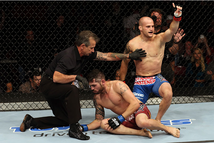 HALIFAX, NS - OCTOBER 4: (R-L) Mitch Gagnon of Canada celebrates after submitting Roman Salazar by rear naked choke in their bantamweight bout at the Scotiabank Centre on October 4, 2014 in Halifax, Nova Scotia, Canada. (Photo by Nick Laham/Zuffa LLC/Zuf