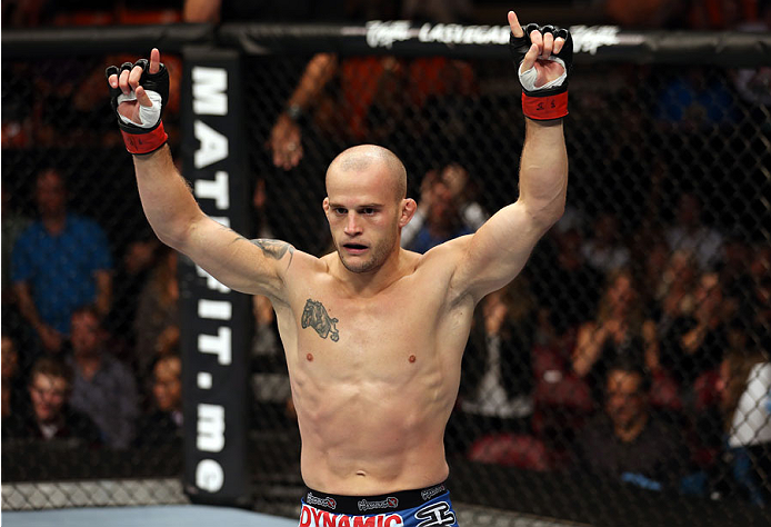 HALIFAX, NS - OCTOBER 4: Mitch Gagnon of Canada celebrates after submitting Roman Salazar by rear naked choke in their bantamweight bout at the Scotiabank Centre on October 4, 2014 in Halifax, Nova Scotia, Canada. (Photo by Nick Laham/Zuffa LLC/Zuffa LLC
