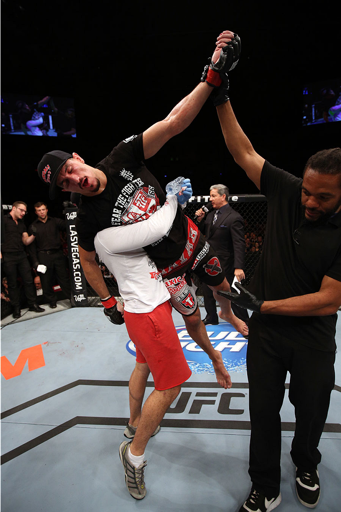 HALIFAX, NS - OCTOBER 4: Nordine Taleb of Canada celebrates after defeating Li Jingliang of China in their welterweight bout at the Scotiabank Centre on October 4, 2014 in Halifax, Nova Scotia, Canada. (Photo by Nick Laham/Zuffa LLC/Zuffa LLC via Getty I