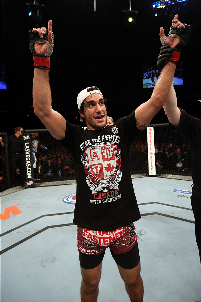 HALIFAX, NS - OCTOBER 4: Elias Theodorou of Canada celebrates after defeating Bruno Santos of Brazil in their middleweight bout at the Scotiabank Centre on October 4, 2014 in Halifax, Nova Scotia, Canada. (Photo by Nick Laham/Zuffa LLC/Zuffa LLC via Gett