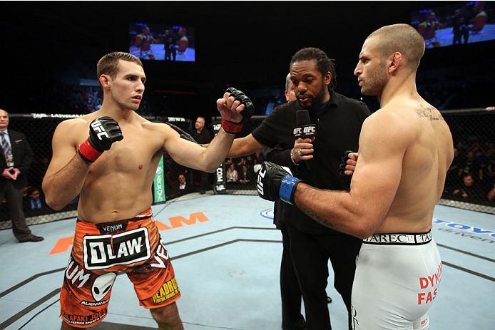 HALIFAX, NS - OCTOBER 4: (L-R) Rory MacDonald of Canada and Tarec Saffiedine of Belgium face off before their welterweight bout at the Scotiabank Centre on October 4, 2014 in Halifax, Nova Scotia, Canada. (Photo by Nick Laham/Zuffa LLC/Zuffa LLC via Gett