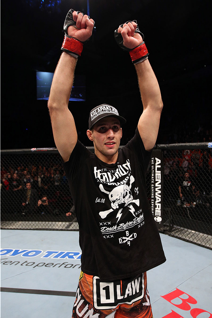HALIFAX, NS - OCTOBER 4: Rory MacDonald of Canada celebrates after defeating Tarec Saffiedine of Belgium in their welterweight bout at the Scotiabank Centre on October 4, 2014 in Halifax, Nova Scotia, Canada. (Photo by Nick Laham/Zuffa LLC/Zuffa LLC via