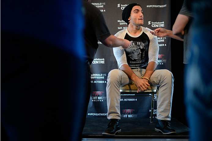 HALIFAX, NS - OCTOBER 2: Elias Theodrou of Canada speaks to the media during the UFC Fight Night Ultimate Media Day on October 2, 2014 in Halifax, Nova Scotia, Canada. (Photo by Jeff Bottari/Zuffa LLC/Zuffa LLC via Getty Images)