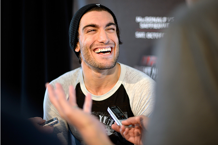 HALIFAX, NS - OCTOBER 2: Elias Theodrou of Canada speaks to the media during the UFC Fight Night Ultimate Media Day on October 2, 2014 in Halifax, Nova Scotia, Canada. (Photo by Jeff Bottari/Zuffa LLC/Zuffa LLC via Getty Images)
