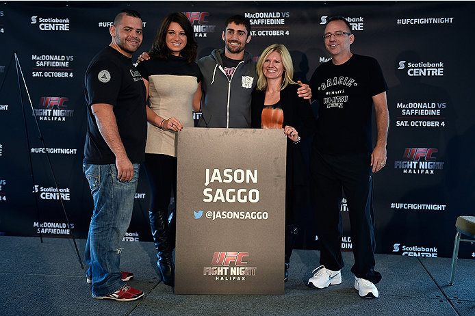 HALIFAX, NS - OCTOBER 2: Jason Saggo (C) of Canada poses with his family during the UFC Fight Night Ultimate Media Day on October 2, 2014 in Halifax, Nova Scotia, Canada. (Photo by Jeff Bottari/Zuffa LLC/Zuffa LLC via Getty Images)