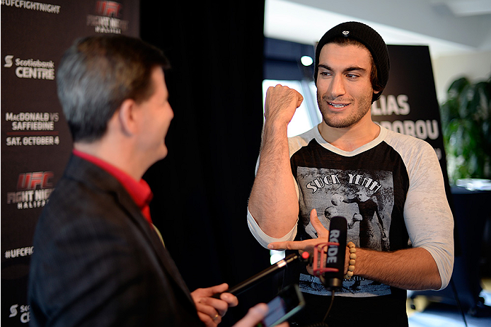 HALIFAX, NS - OCTOBER 2: Elias Theodrou of Canada speaks to the media during the UFC Fight Night Ultimate Media Day on October 2, 2014 in Halifax, Nova Scotia, Canada. (Photo by Jeff Bottari/Zuffa LLC/Zuffa LLC via Getty Images)