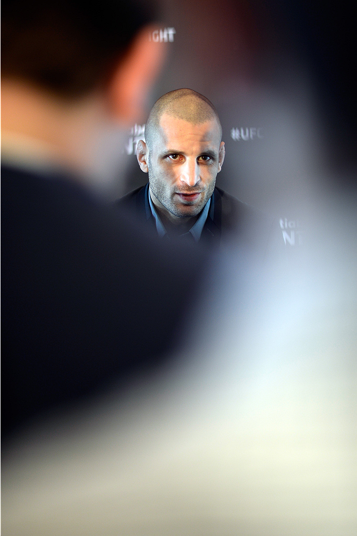 HALIFAX, NS - OCTOBER 2: Tarec Saffiedine of Belgium speaks to the media during the UFC Fight Night Ultimate Media Day on October 2, 2014 in Halifax, Nova Scotia, Canada. (Photo by Jeff Bottari/Zuffa LLC/Zuffa LLC via Getty Images)