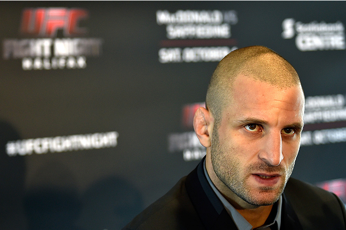 HALIFAX, NS - OCTOBER 2: Tarec Saffiedine of Belgium speaks to the media during the UFC Fight Night Ultimate Media Day on October 2, 2014 in Halifax, Nova Scotia, Canada. (Photo by Jeff Bottari/Zuffa LLC/Zuffa LLC via Getty Images)
