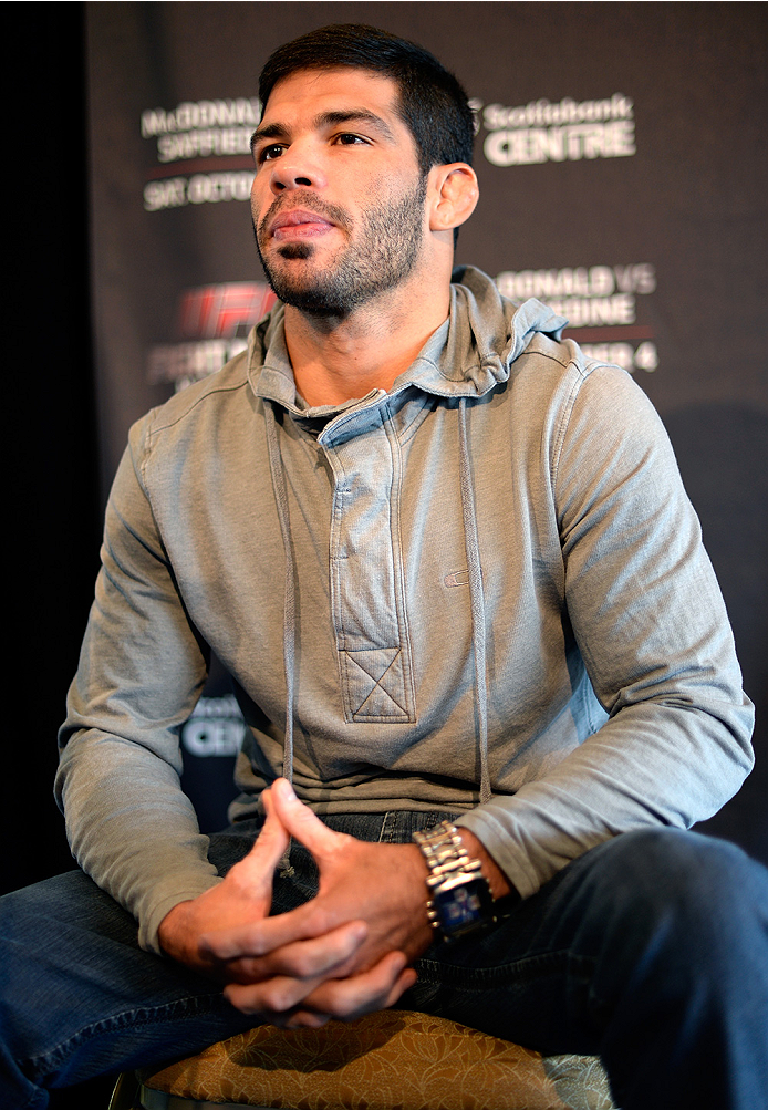 HALIFAX, NS - OCTOBER 2: Raphael Assuncao of Brazil speaks to the media during the UFC Fight Night Ultimate Media Day on October 2, 2014 in Halifax, Nova Scotia, Canada. (Photo by Jeff Bottari/Zuffa LLC/Zuffa LLC via Getty Images)