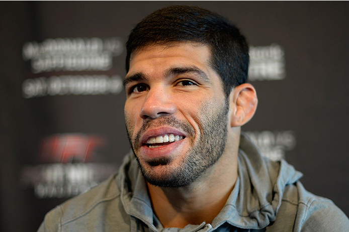 HALIFAX, NS - OCTOBER 2: Raphael Assuncao of Brazil speaks to the media during the UFC Fight Night Ultimate Media Day on October 2, 2014 in Halifax, Nova Scotia, Canada. (Photo by Jeff Bottari/Zuffa LLC/Zuffa LLC via Getty Images)